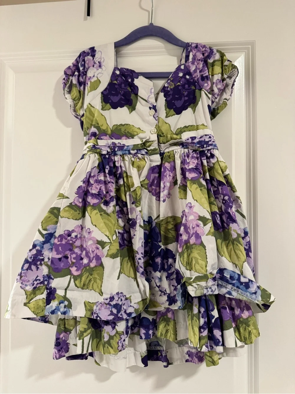 Gymboree White Dress with Purple Hydrangea Print and Green Leaves